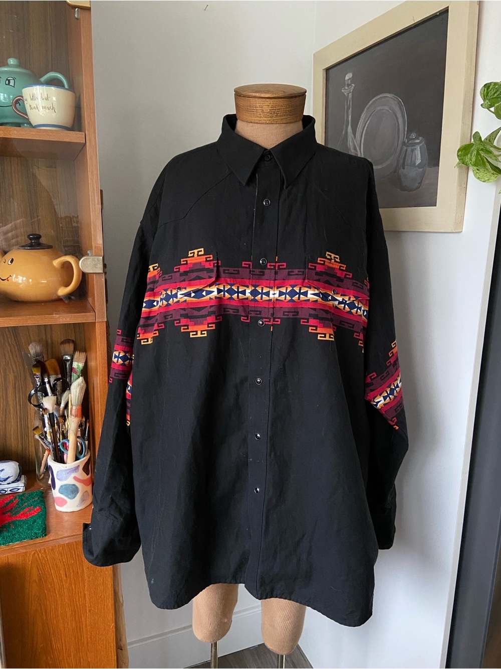 Vintage Wrangler Western Black Men's Button-Up Shirt with Funky Print XXL